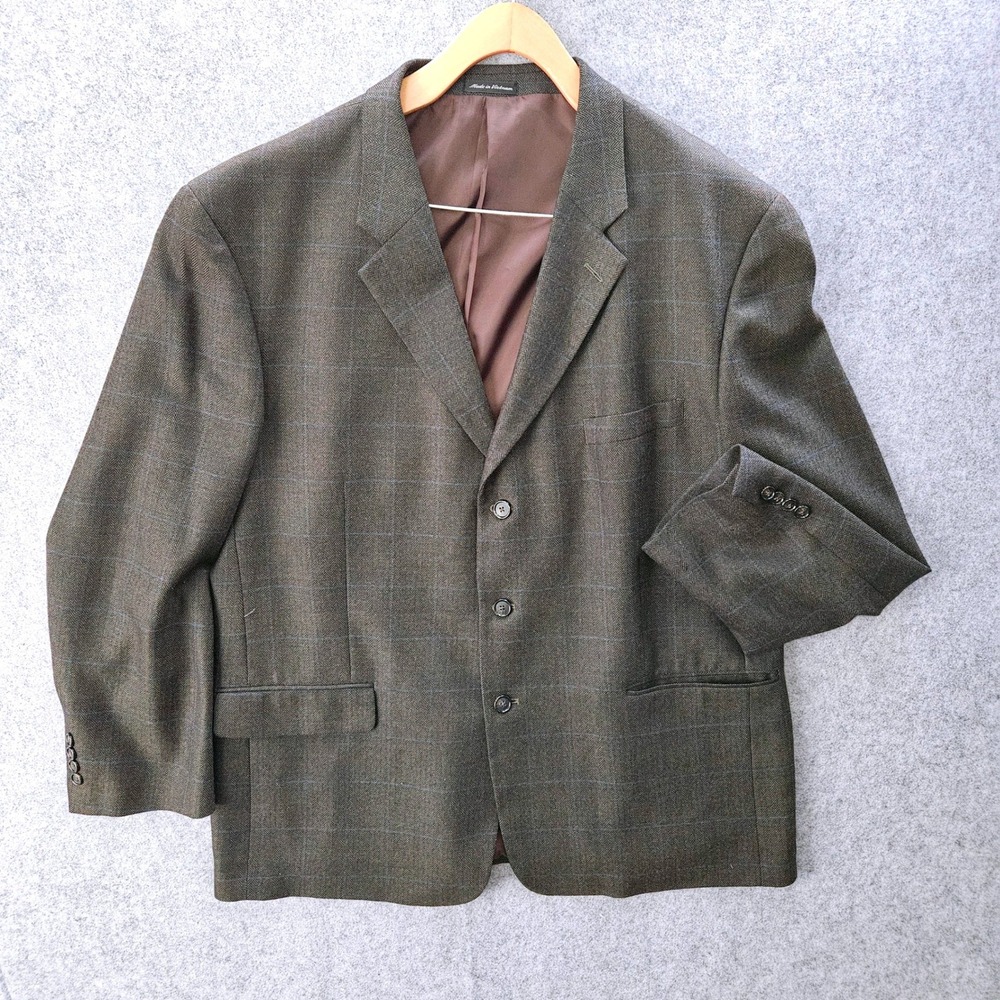 Bergamo Executive Collection Wool Blazer Olive Green Herringbone Windowpane 50R